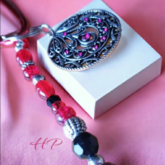 Red, Silver & Black Hand Crafted Beaded Keychain - Picture 3 of 8